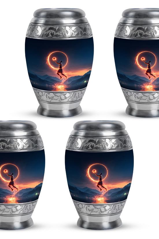 Royal Blue Basketball Cremation Urn urn with complimentary velvet bag - royal basketball engraving with decorative scrollwork - 10 inch aluminum urn for cremated remains
