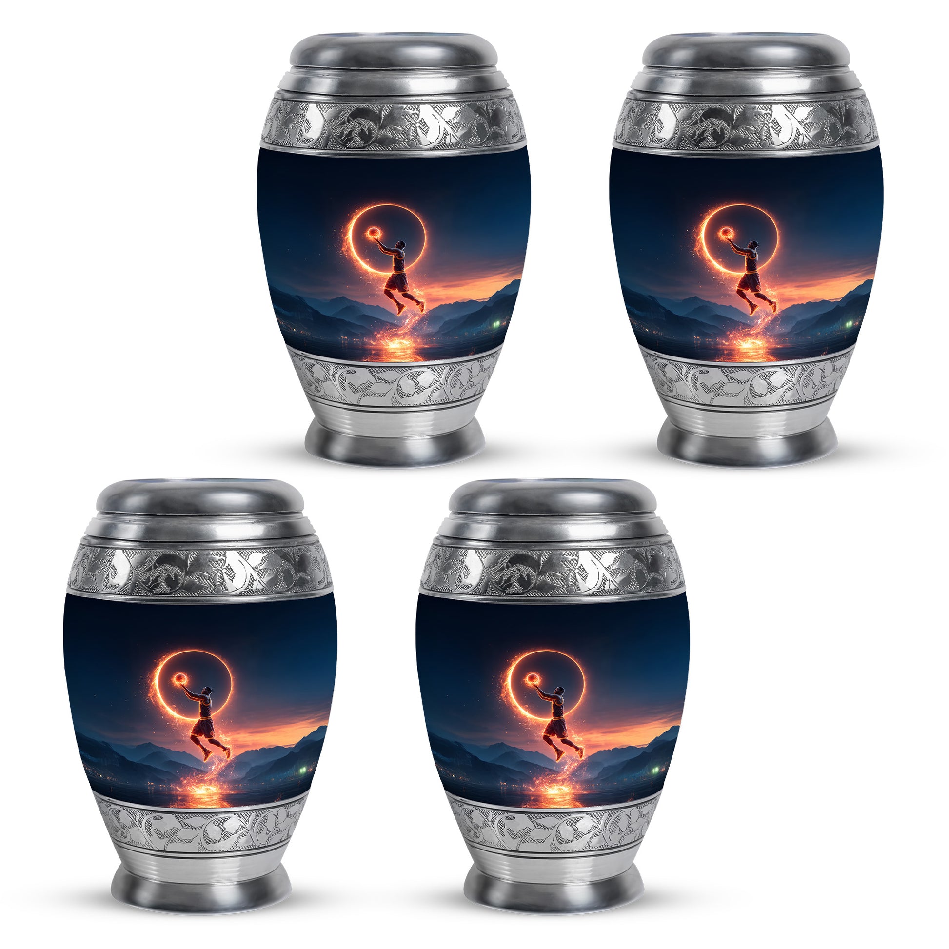 Royal Blue Basketball Cremation Urn urn with complimentary velvet bag - royal basketball engraving with decorative scrollwork - 10 inch aluminum urn for cremated remains