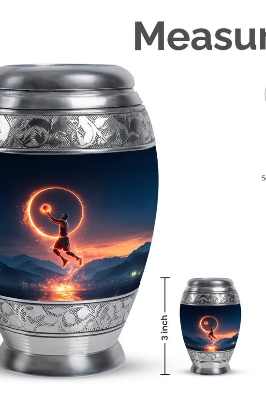 Royal Blue Basketball Cremation Urn lifestyle display on memorial shelf - royal basketball engraving with decorative scrollwork - mini keepsake memorial for portion of cremation ashes