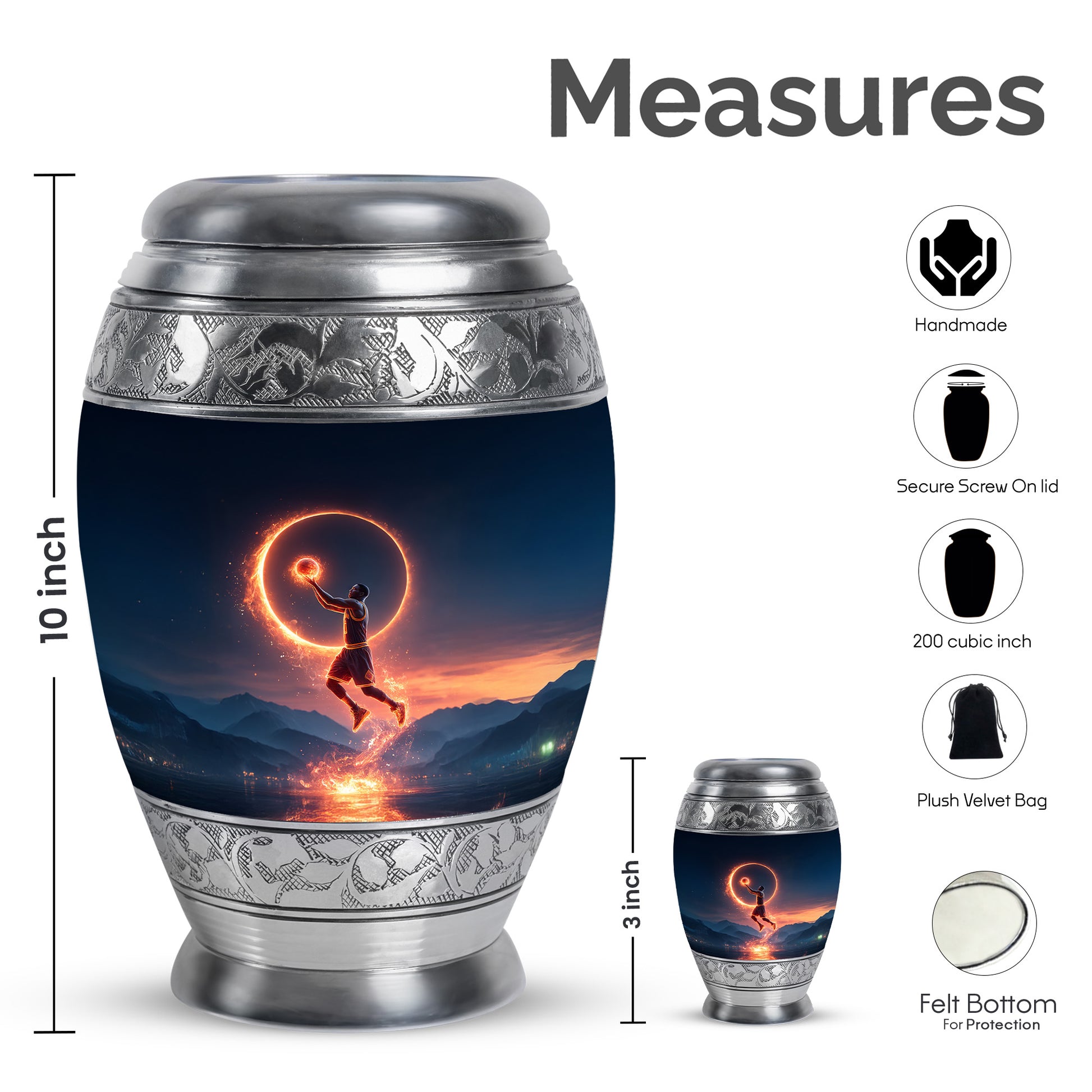 Royal Blue Basketball Cremation Urn lifestyle display on memorial shelf - royal basketball engraving with decorative scrollwork - mini keepsake memorial for portion of cremation ashes