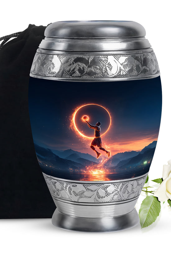 Powder Blue Basketball Cremation Urn back view with polished surface - ornate monarch-style basketball relief on brushed aluminum - full-size 10 inch 200 cubic inch adult cremation urn