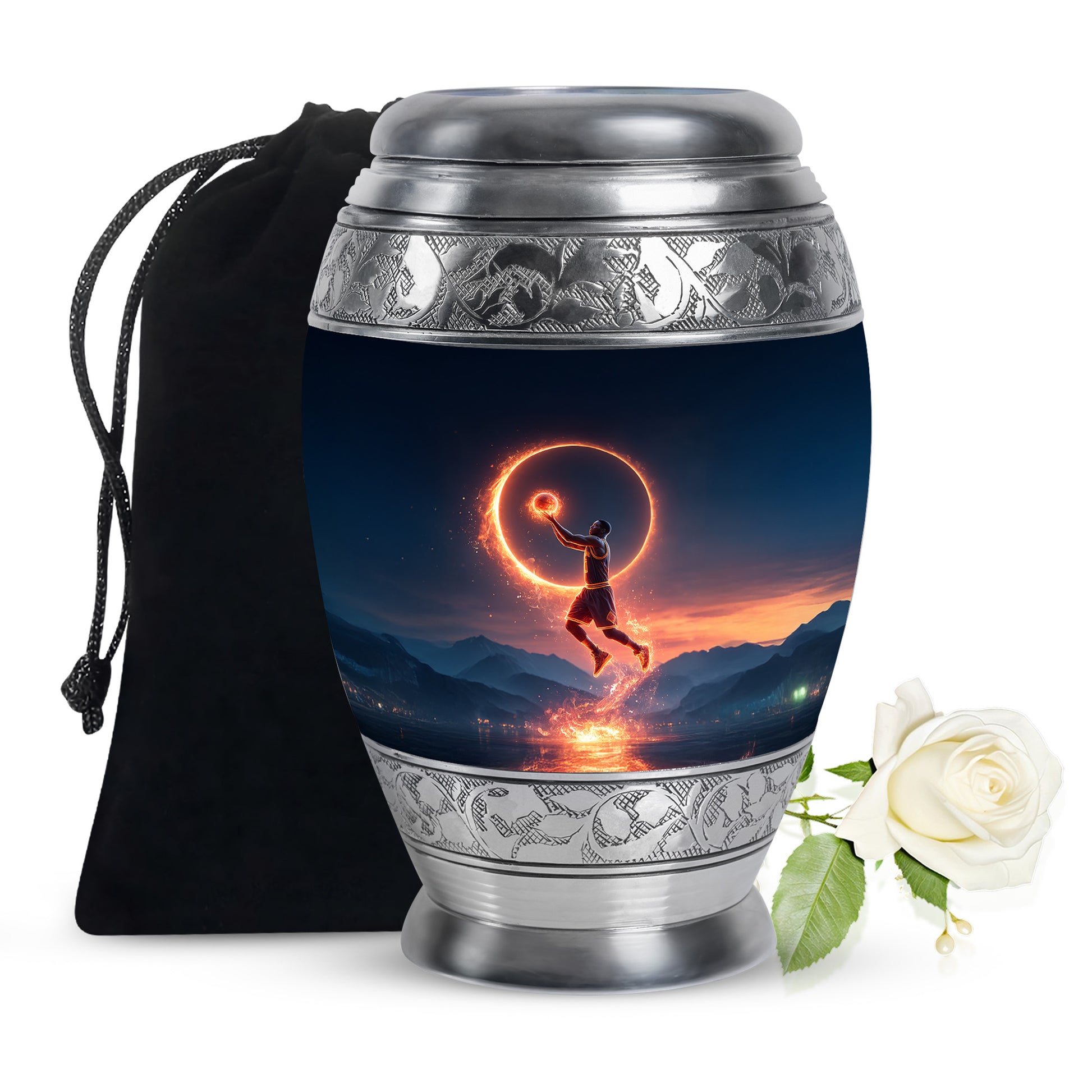 Powder Blue Basketball Cremation Urn back view with polished surface - ornate monarch-style basketball relief on brushed aluminum - full-size 10 inch 200 cubic inch adult cremation urn