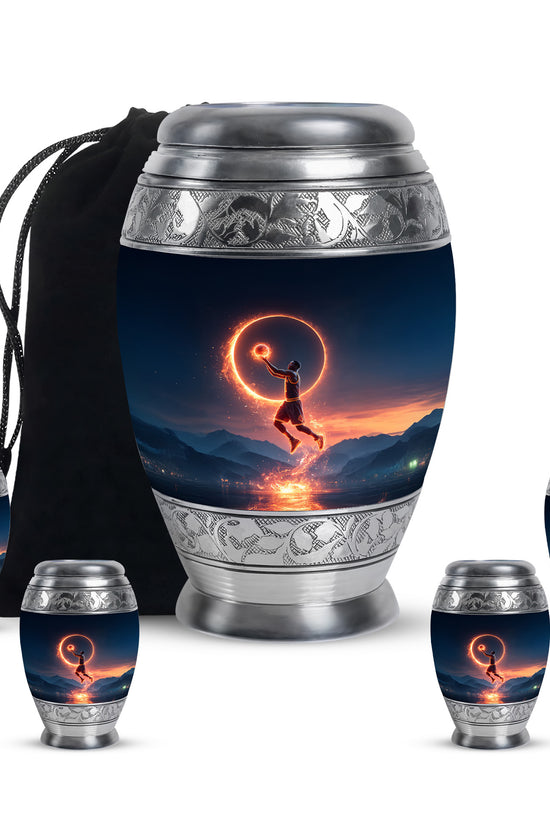Misty Blue Basketball Cremation Urn detail view - regal basketball design with crown-inspired accents - memorial set with one large and four small urns