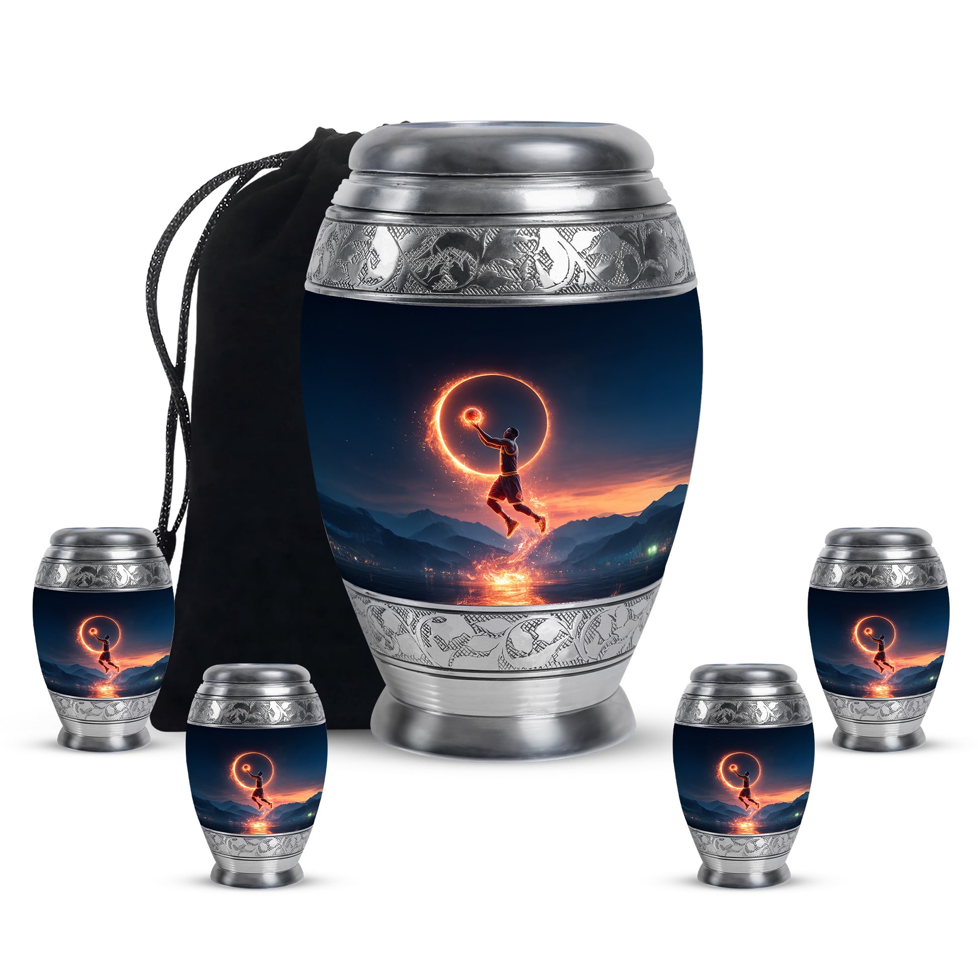 Misty Blue Basketball Cremation Urn detail view - regal basketball design with crown-inspired accents - memorial set with one large and four small urns