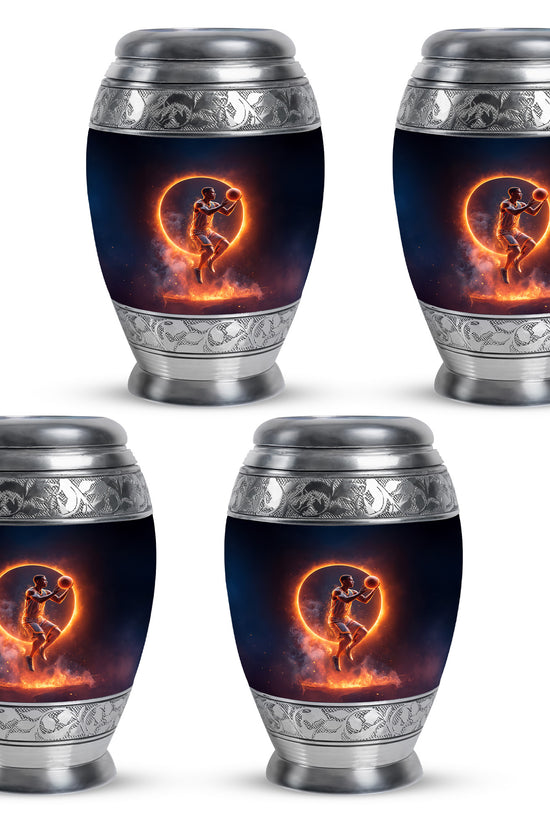 Deep Black Basketball Cremation Urn urn with complimentary velvet bag - ornate monarch-style basketball relief on brushed aluminum - 10 inch aluminum urn for cremated remains
