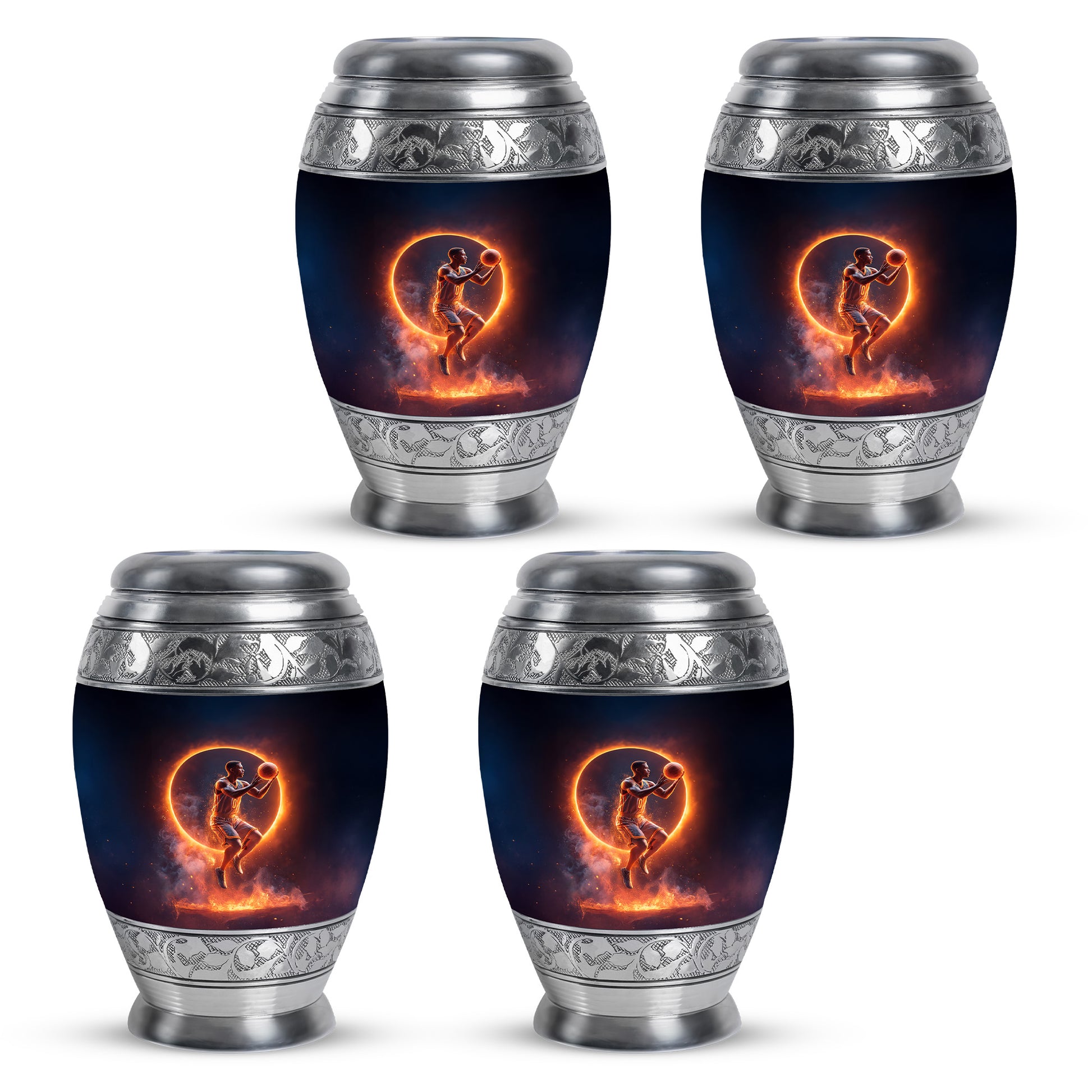 Deep Black Basketball Cremation Urn urn with complimentary velvet bag - ornate monarch-style basketball relief on brushed aluminum - 10 inch aluminum urn for cremated remains
