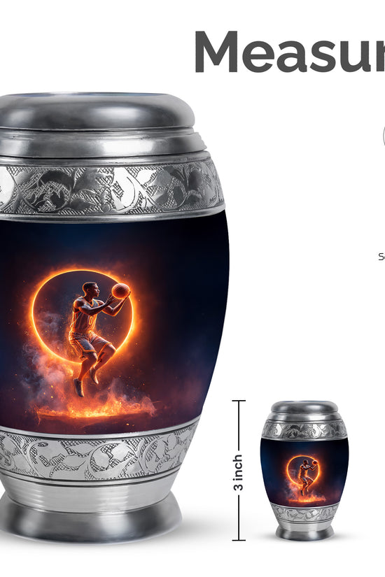 Midnight Black Basketball Cremation Urn lifestyle display on memorial shelf - royal basketball engraving with decorative scrollwork - mini keepsake memorial for portion of cremation ashes