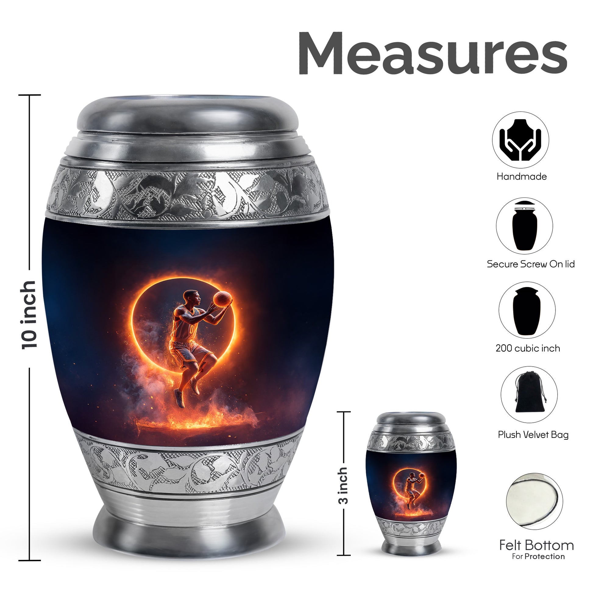 Midnight Black Basketball Cremation Urn lifestyle display on memorial shelf - royal basketball engraving with decorative scrollwork - mini keepsake memorial for portion of cremation ashes