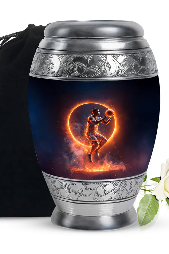 Obsidian Black Basketball Cremation Urn back view with polished surface - majestic basketball pattern with filigree border - full-size 10 inch 200 cubic inch adult cremation urn
