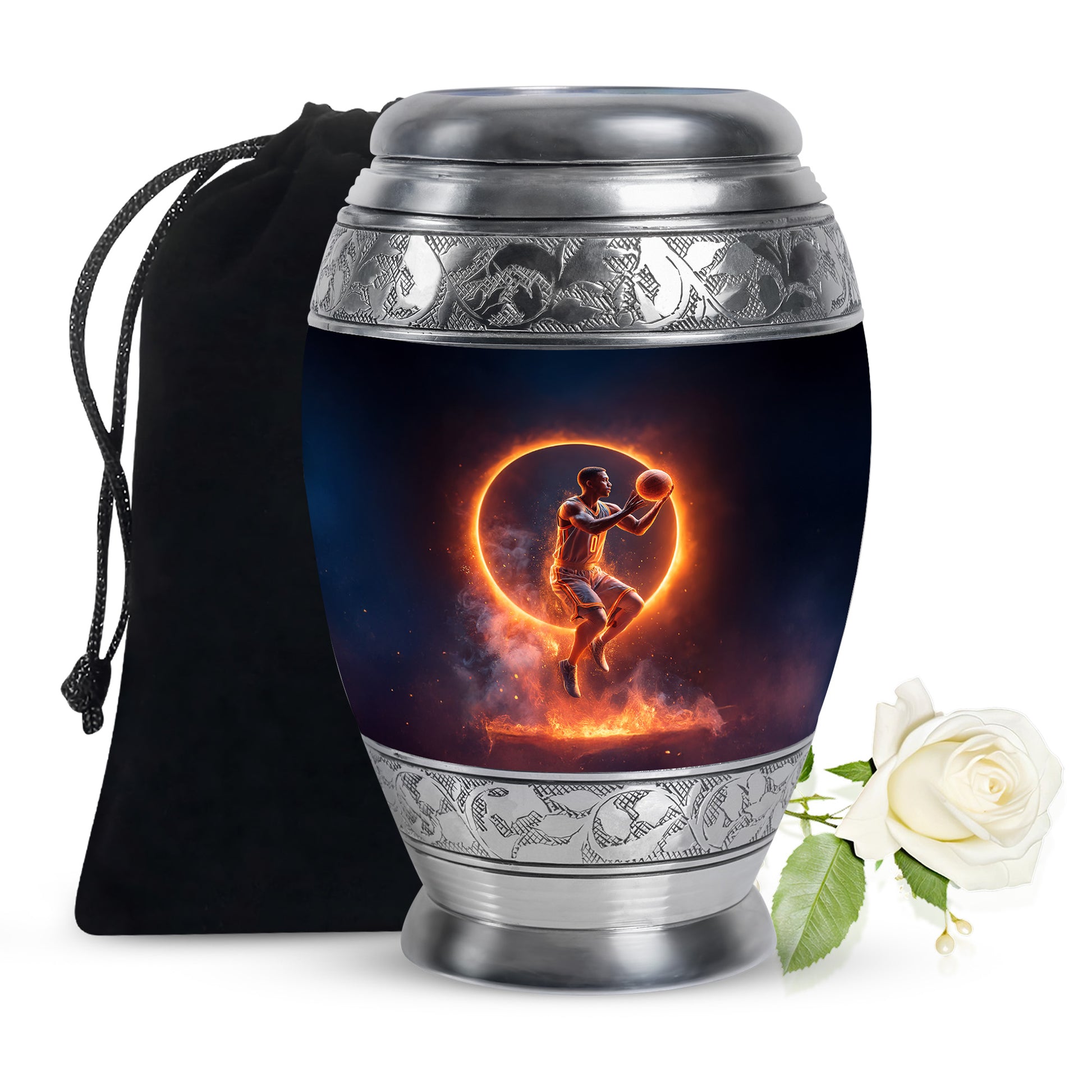 Obsidian Black Basketball Cremation Urn back view with polished surface - majestic basketball pattern with filigree border - full-size 10 inch 200 cubic inch adult cremation urn