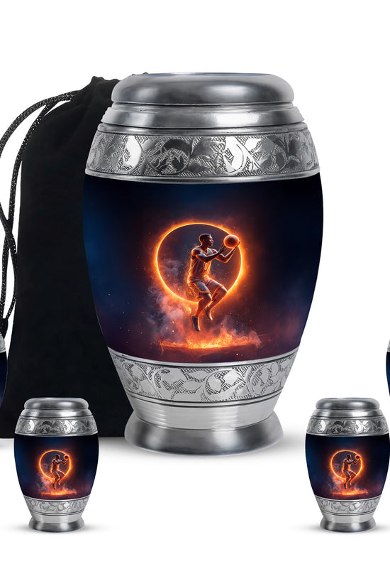 Deep Black Basketball Cremation Urn detail view - ornate monarch-style basketball relief on brushed aluminum - memorial set with one large and four small urns