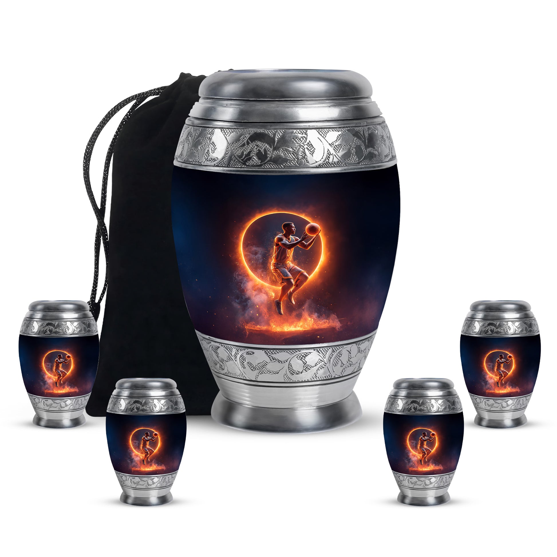 Deep Black Basketball Cremation Urn detail view - ornate monarch-style basketball relief on brushed aluminum - memorial set with one large and four small urns