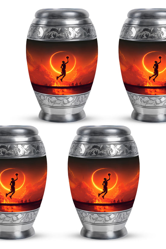 Dark Black Basketball Cremation Urn urn with complimentary velvet bag - royal basketball engraving with decorative scrollwork - 10 inch aluminum urn for cremated remains