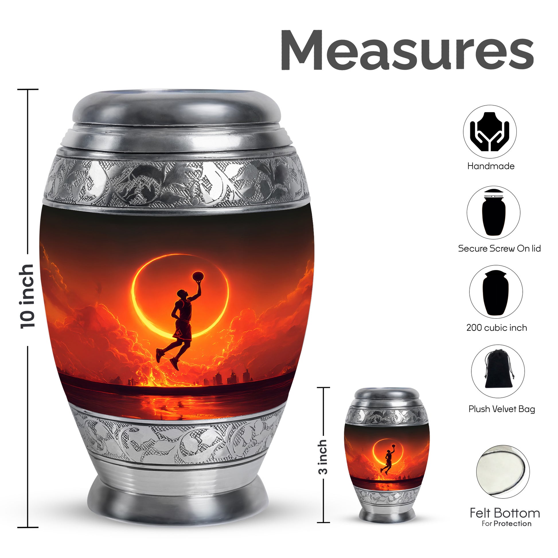 Ebony Basketball Cremation Urn lifestyle display on memorial shelf - ornate monarch-style basketball relief on brushed aluminum - mini keepsake memorial for portion of cremation ashes