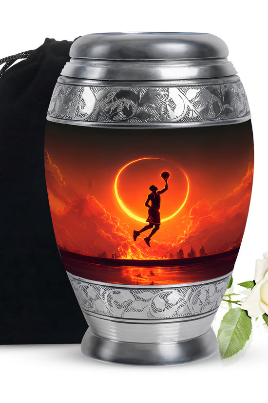 Onyx Black Basketball Cremation Urn back view with polished surface - royal basketball engraving with decorative scrollwork - full-size 10 inch 200 cubic inch adult cremation urn