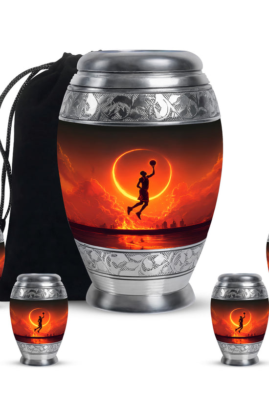 Obsidian Black Basketball Cremation Urn detail view - royal basketball engraving with decorative scrollwork - memorial set with one large and four small urns