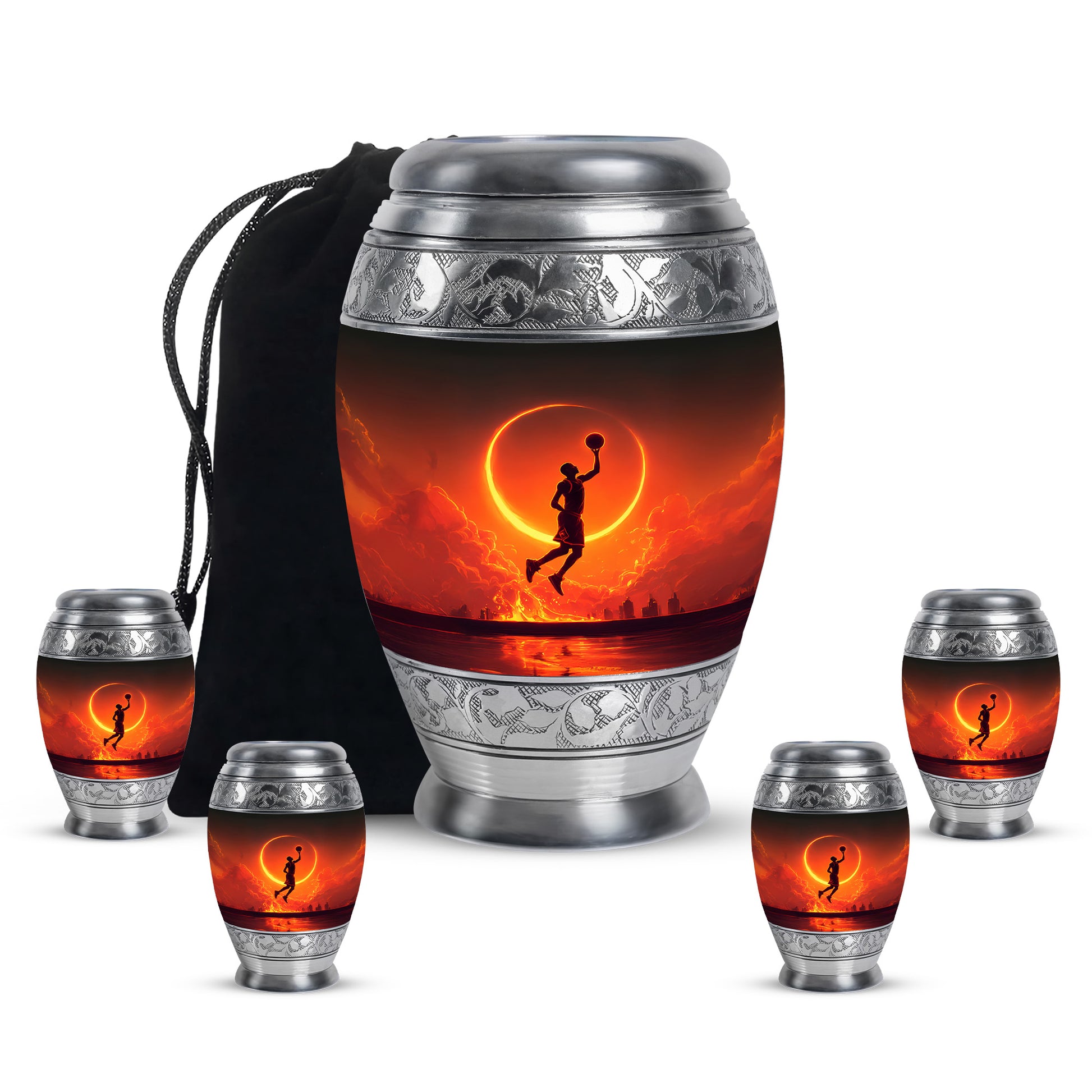 Obsidian Black Basketball Cremation Urn detail view - royal basketball engraving with decorative scrollwork - memorial set with one large and four small urns