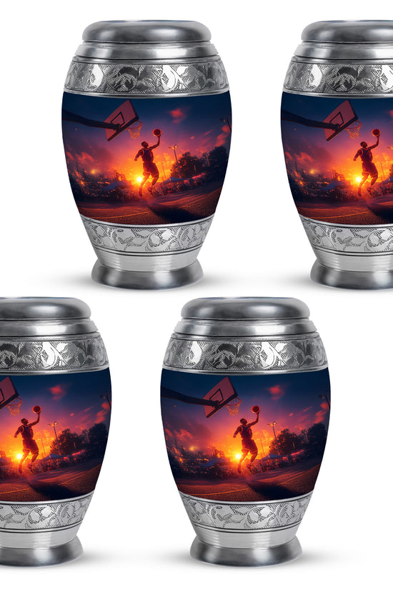 Indigo Basketball Cremation Urn urn with complimentary velvet bag - ornate monarch-style basketball relief on brushed aluminum - 10 inch aluminum urn for cremated remains