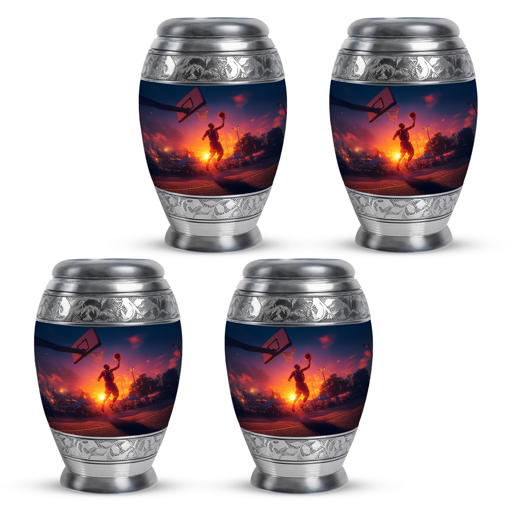 Indigo Basketball Cremation Urn urn with complimentary velvet bag - ornate monarch-style basketball relief on brushed aluminum - 10 inch aluminum urn for cremated remains