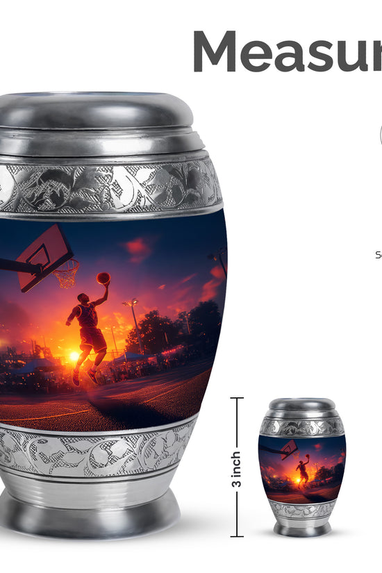 Sapphire Blue Basketball Cremation Urn lifestyle display on memorial shelf - royal basketball engraving with decorative scrollwork - mini keepsake memorial for portion of cremation ashes
