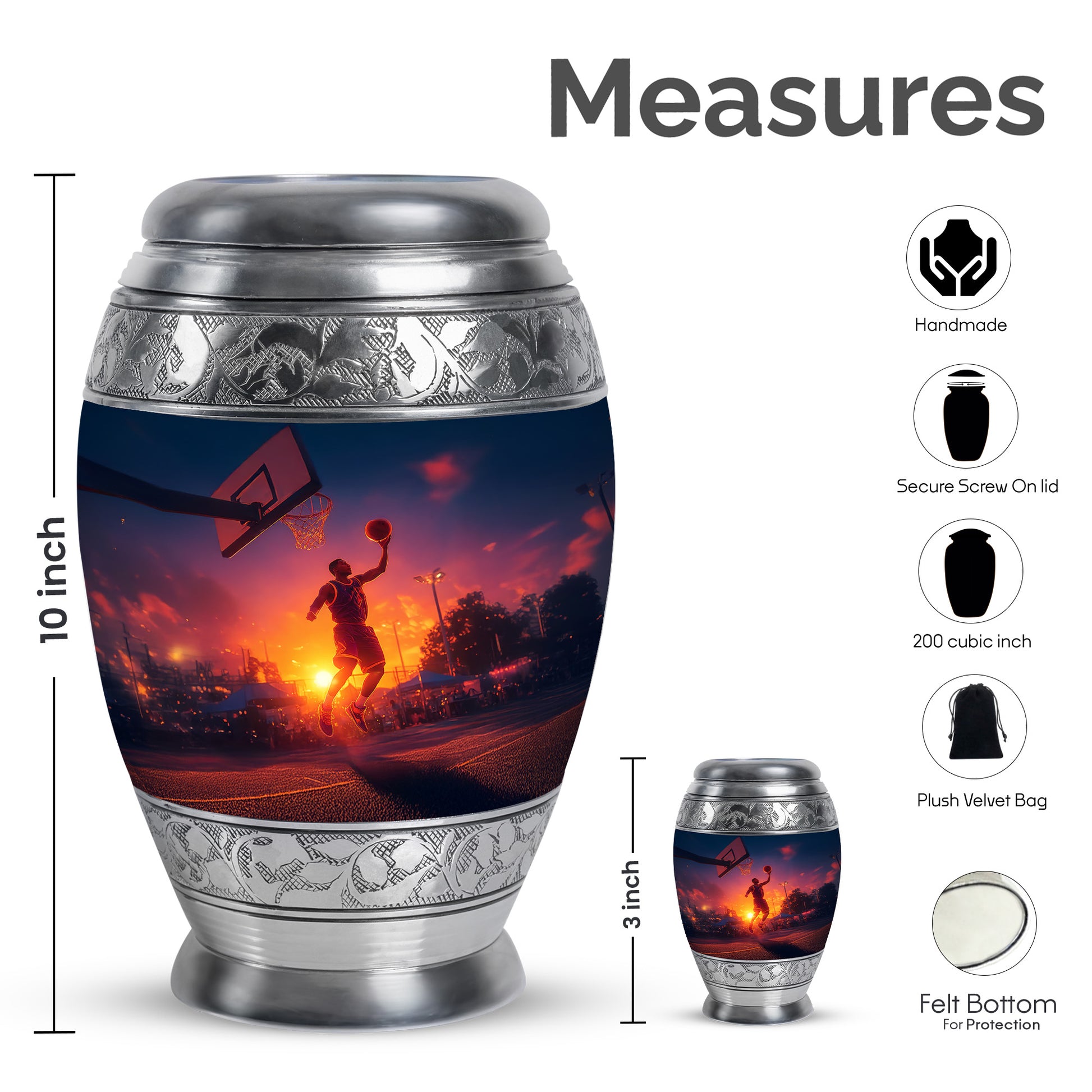 Sapphire Blue Basketball Cremation Urn lifestyle display on memorial shelf - royal basketball engraving with decorative scrollwork - mini keepsake memorial for portion of cremation ashes