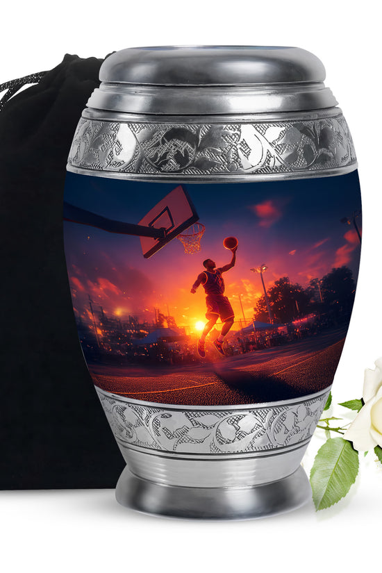 Pastel Blue Basketball Cremation Urn back view with polished surface - regal basketball design with crown-inspired accents - full-size 10 inch 200 cubic inch adult cremation urn