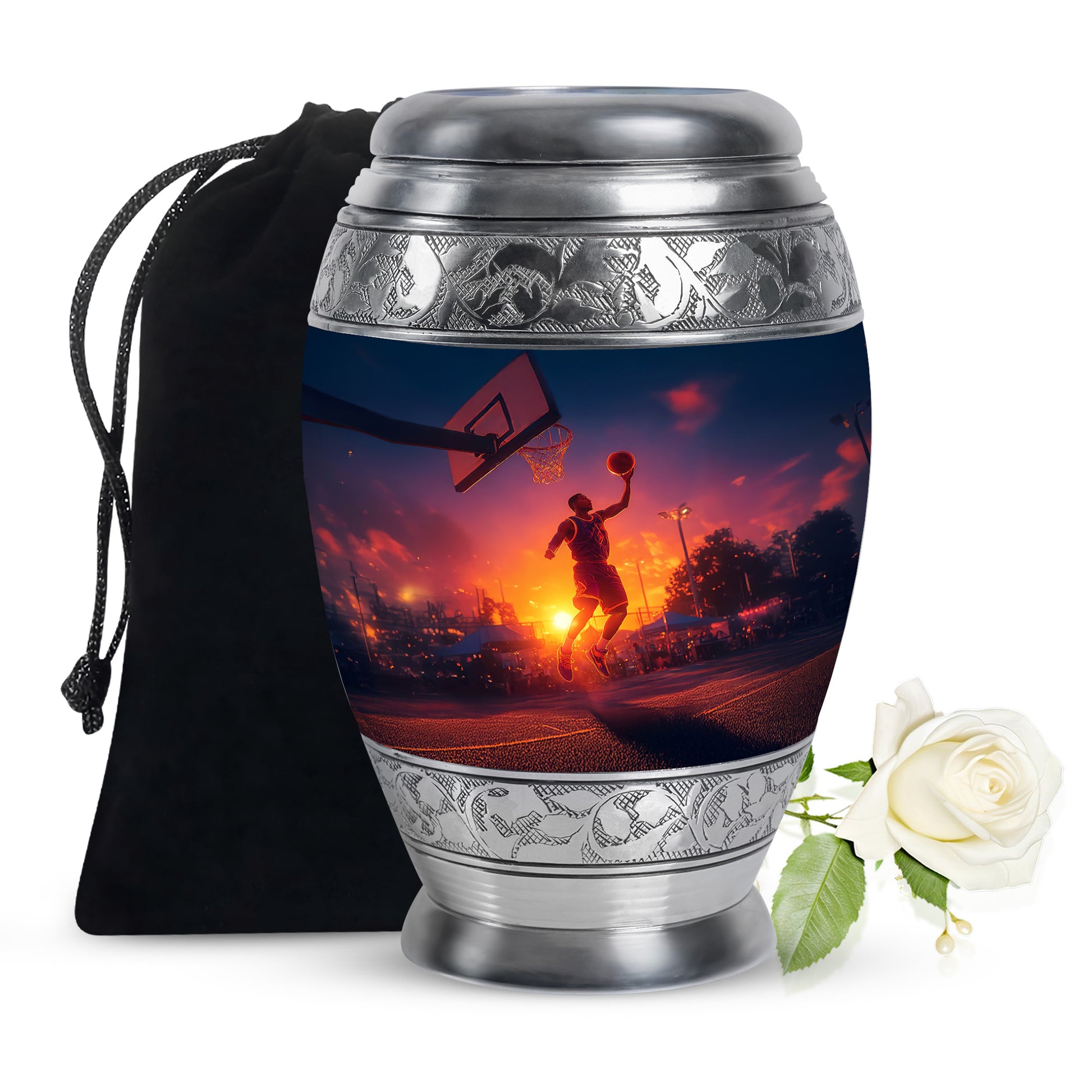 Pastel Blue Basketball Cremation Urn back view with polished surface - regal basketball design with crown-inspired accents - full-size 10 inch 200 cubic inch adult cremation urn