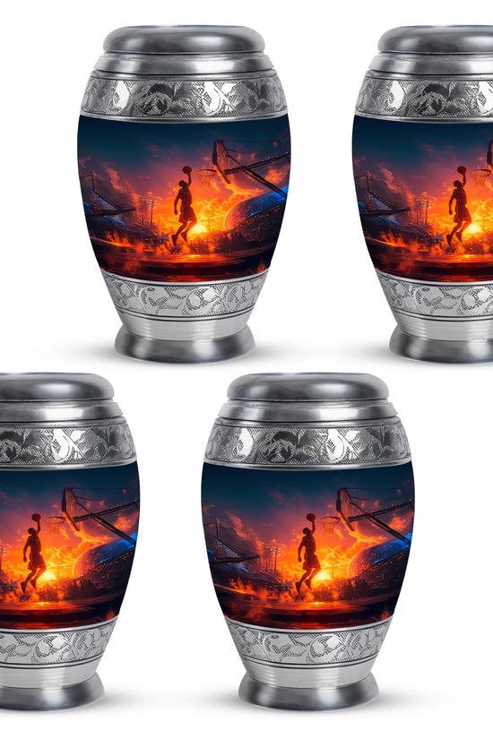 Bright Blue Basketball Cremation Urn urn with complimentary velvet bag - royal basketball engraving with decorative scrollwork - 10 inch aluminum urn for cremated remains