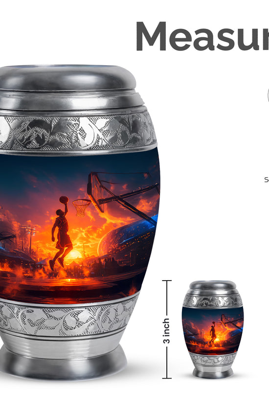 Steel Blue Basketball Cremation Urn lifestyle display on memorial shelf - majestic basketball pattern with filigree border - mini keepsake memorial for portion of cremation ashes