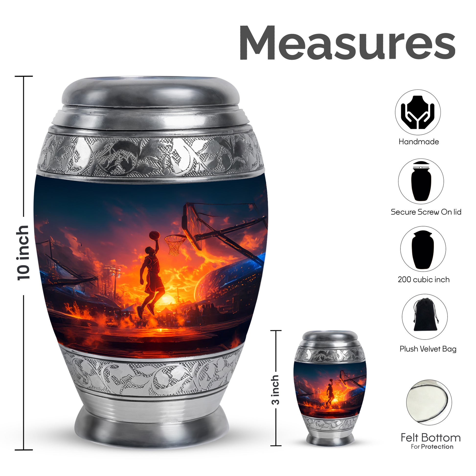 Steel Blue Basketball Cremation Urn lifestyle display on memorial shelf - majestic basketball pattern with filigree border - mini keepsake memorial for portion of cremation ashes