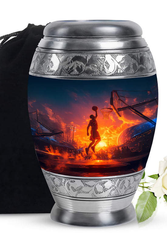 Steel Blue Basketball Cremation Urn back view with polished surface - royal basketball engraving with decorative scrollwork - full-size 10 inch 200 cubic inch adult cremation urn