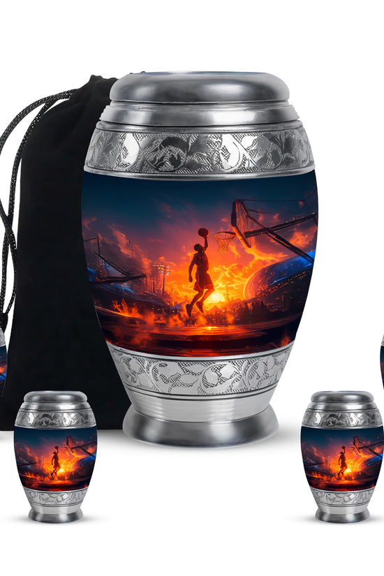Sky Blue Basketball Cremation Urn detail view - regal basketball design with crown-inspired accents - memorial set with one large and four small urns