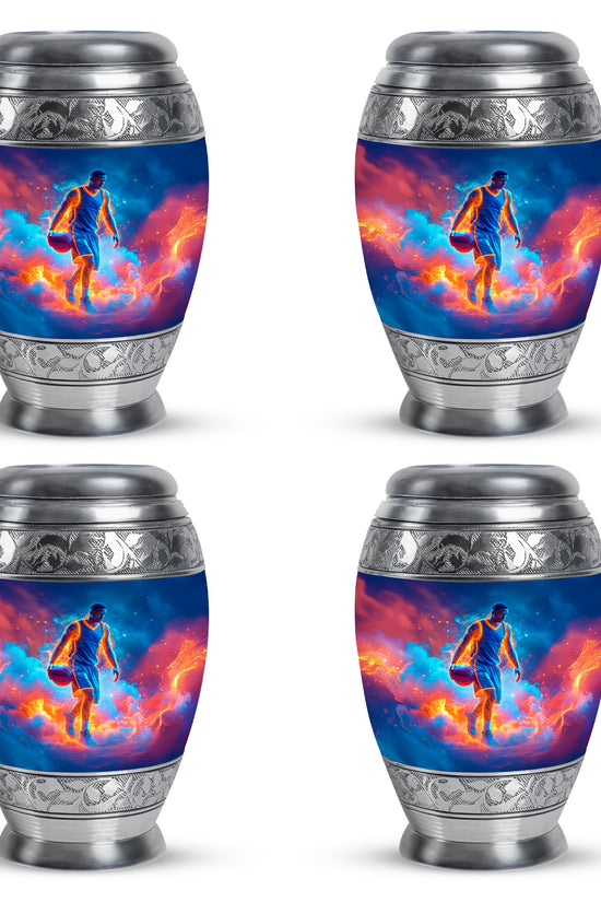 Slate Blue Basketball Cremation Urn urn with complimentary velvet bag - ornate monarch-style basketball relief on brushed aluminum - 10 inch aluminum urn for cremated remains