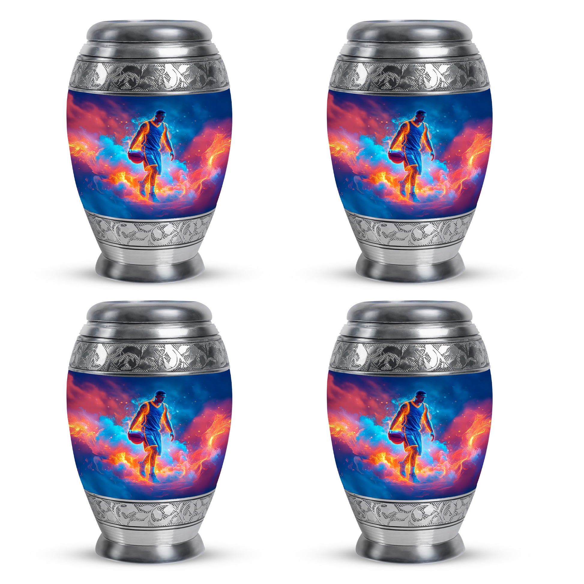 Slate Blue Basketball Cremation Urn urn with complimentary velvet bag - ornate monarch-style basketball relief on brushed aluminum - 10 inch aluminum urn for cremated remains