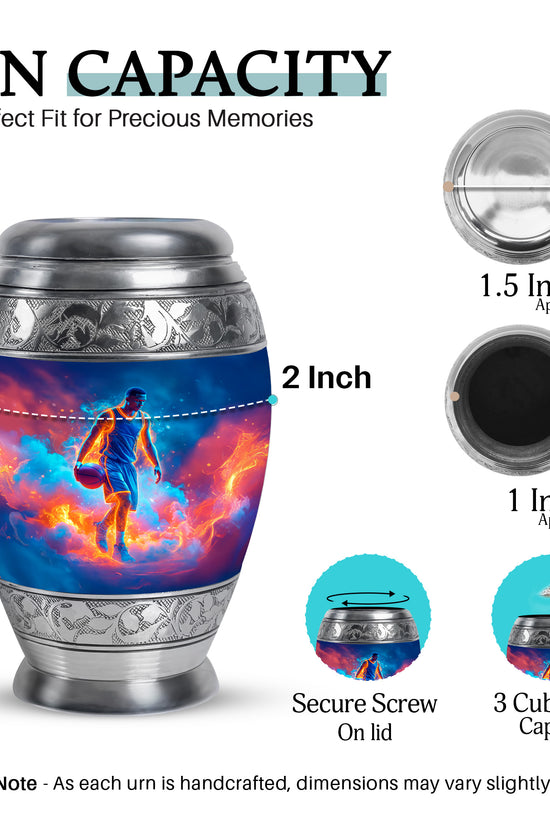 Navy Blue Basketball Cremation Urn lifestyle display on memorial shelf - ornate monarch-style basketball relief on brushed aluminum - mini keepsake memorial for portion of cremation ashes