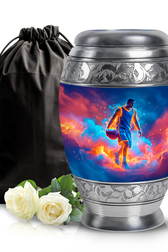 Navy Blue Basketball Cremation Urn back view with polished surface - regal basketball design with crown-inspired accents - full-size 10 inch 200 cubic inch adult cremation urn