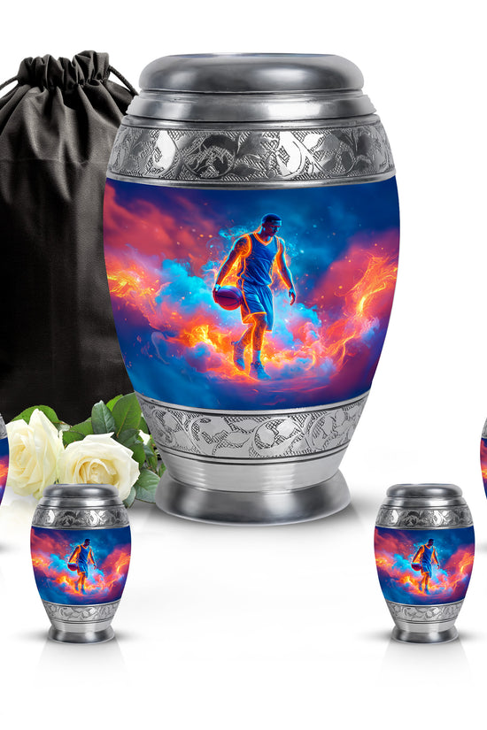 Serene Blue Basketball Cremation Urn detail view - royal basketball engraving with decorative scrollwork - memorial set with one large and four small urns