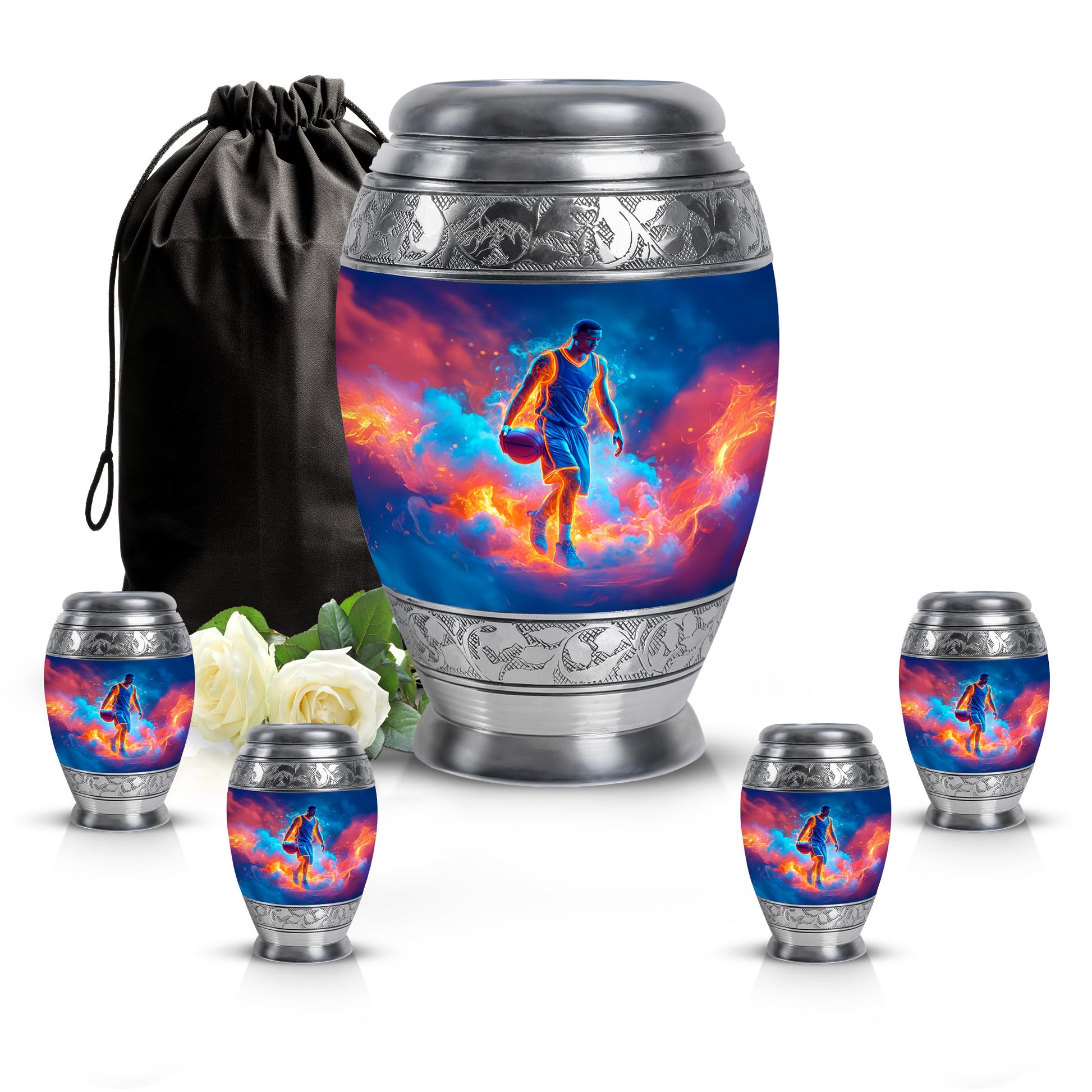 Serene Blue Basketball Cremation Urn detail view - royal basketball engraving with decorative scrollwork - memorial set with one large and four small urns