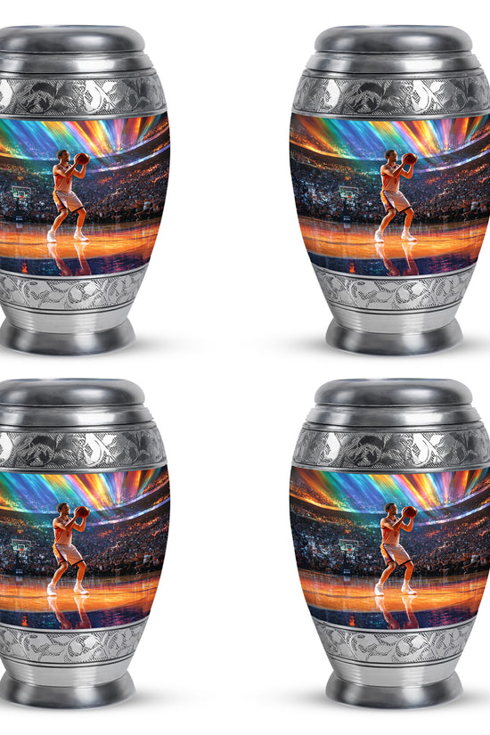 Serene Blue Basketball Cremation Urn urn with complimentary velvet bag - majestic basketball pattern with filigree border - 10 inch aluminum urn for cremated remains