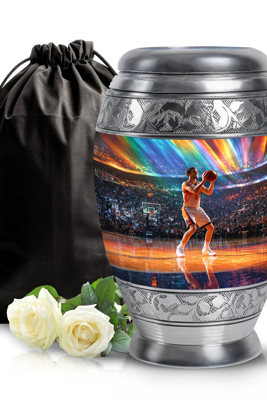 Celestial Blue Basketball Cremation Urn back view with polished surface - ornate monarch-style basketball relief on brushed aluminum - full-size 10 inch 200 cubic inch adult cremation urn
