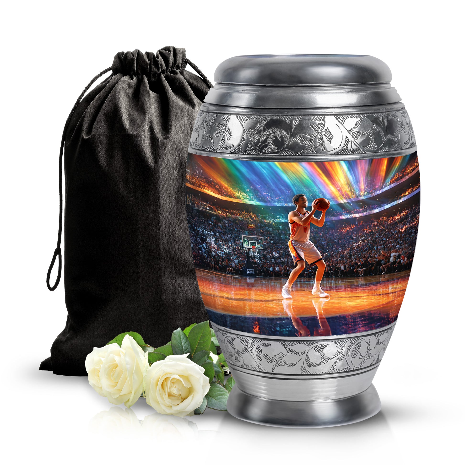 Celestial Blue Basketball Cremation Urn back view with polished surface - ornate monarch-style basketball relief on brushed aluminum - full-size 10 inch 200 cubic inch adult cremation urn