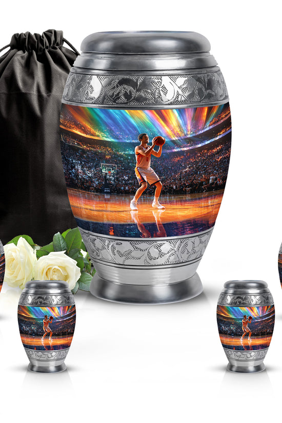 Twilight Blue Basketball Cremation Urn detail view - majestic basketball pattern with filigree border - memorial set with one large and four small urns