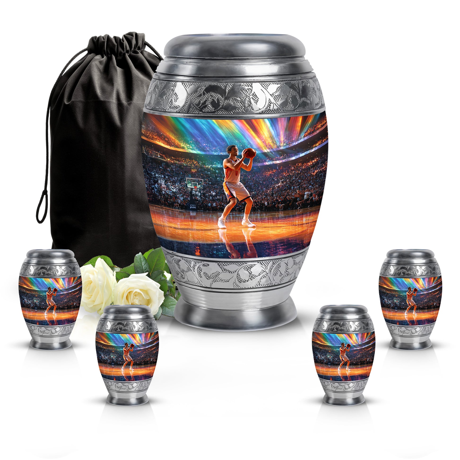 Twilight Blue Basketball Cremation Urn detail view - majestic basketball pattern with filigree border - memorial set with one large and four small urns