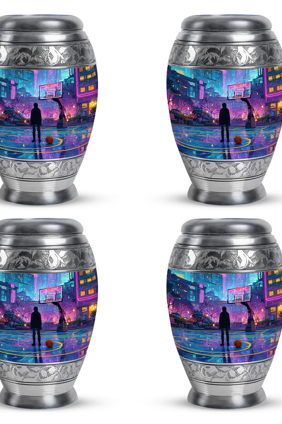 Bright Blue Basketball Cremation Urn urn with complimentary velvet bag - majestic basketball pattern with filigree border - 10 inch aluminum urn for cremated remains
