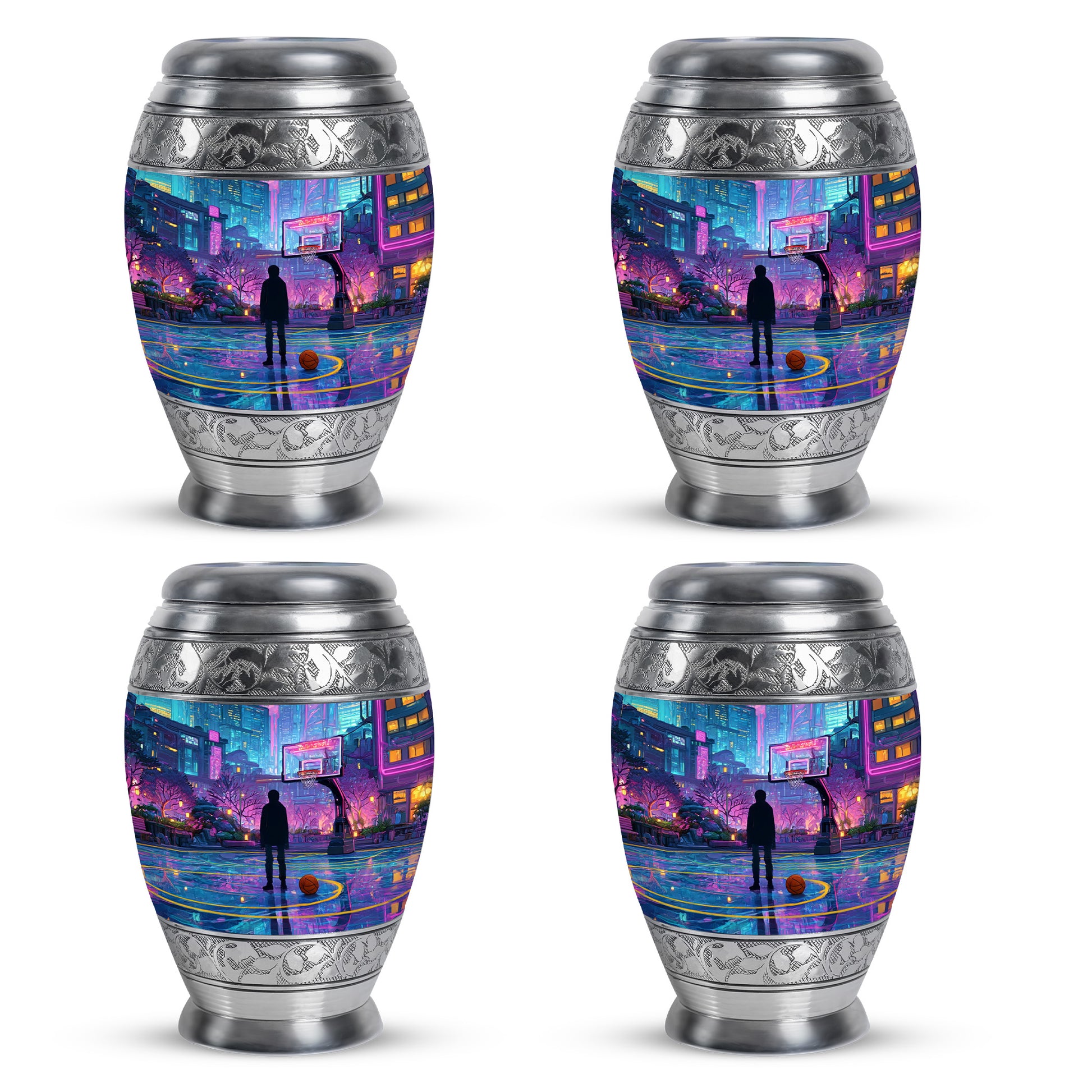 Bright Blue Basketball Cremation Urn urn with complimentary velvet bag - majestic basketball pattern with filigree border - 10 inch aluminum urn for cremated remains