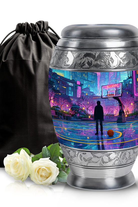 Sapphire Blue Basketball Cremation Urn back view with polished surface - majestic basketball pattern with filigree border - full-size 10 inch 200 cubic inch adult cremation urn