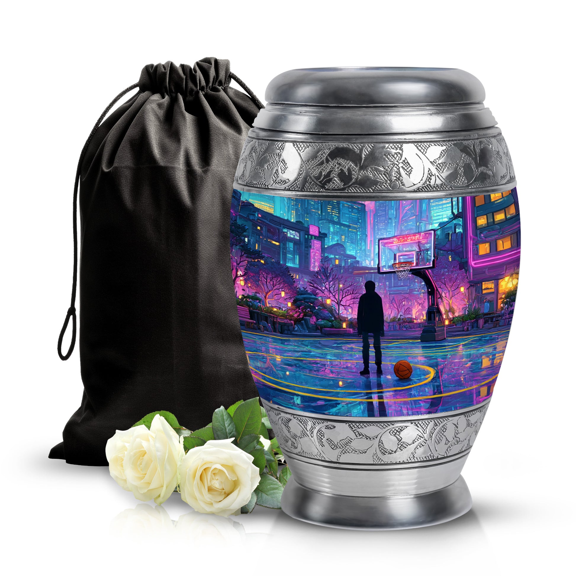Sapphire Blue Basketball Cremation Urn back view with polished surface - majestic basketball pattern with filigree border - full-size 10 inch 200 cubic inch adult cremation urn