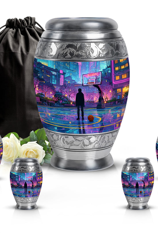 Slate Blue Basketball Cremation Urn detail view - regal basketball design with crown-inspired accents - memorial set with one large and four small urns