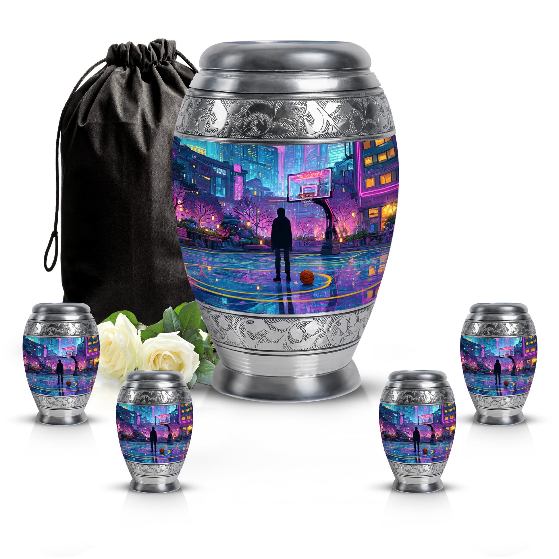 Slate Blue Basketball Cremation Urn detail view - regal basketball design with crown-inspired accents - memorial set with one large and four small urns