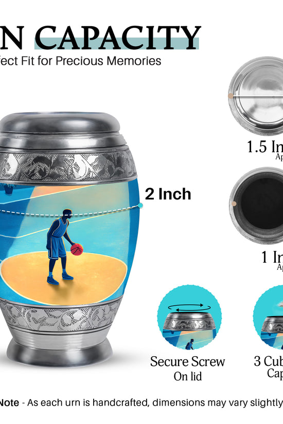 Twilight Blue Basketball Cremation Urn lifestyle display on memorial shelf - royal basketball engraving with decorative scrollwork - mini keepsake memorial for portion of cremation ashes